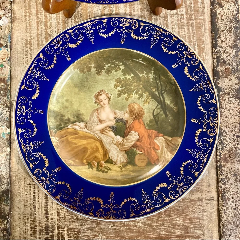 Pair Vintage Reproduction Blue & Gold Decorative Plates Wall Hanging French Art